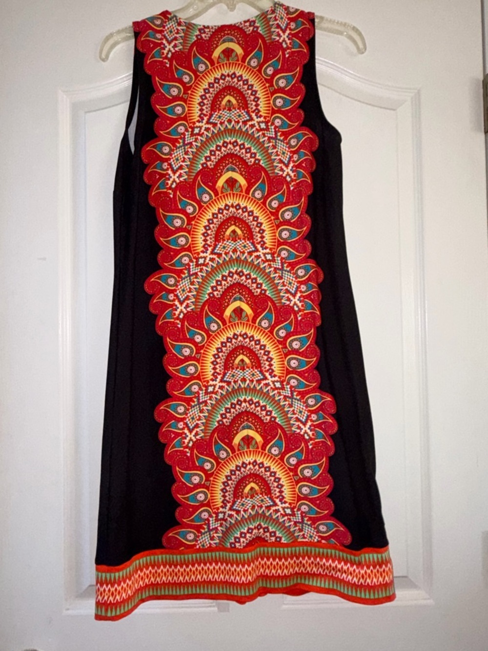 New York & Company Black Midi Dress with Red Orange Multicolor Tribal Print - Picture 4 of 10